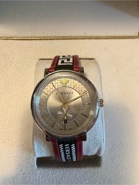 Versace Silver Dial Watch with Burgundy and Black Strap